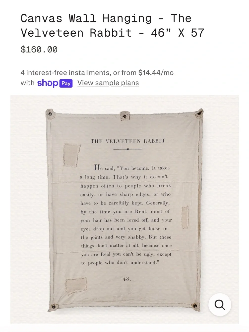 The Velveteen Rabbit Canvas Wall Hanging - Neutral Cream